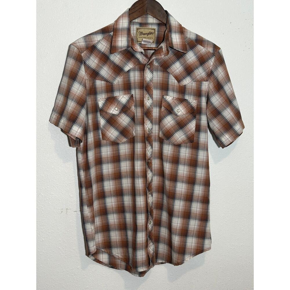 Wrangler Western Shirt White with Rust color Plaid Pearl Snap